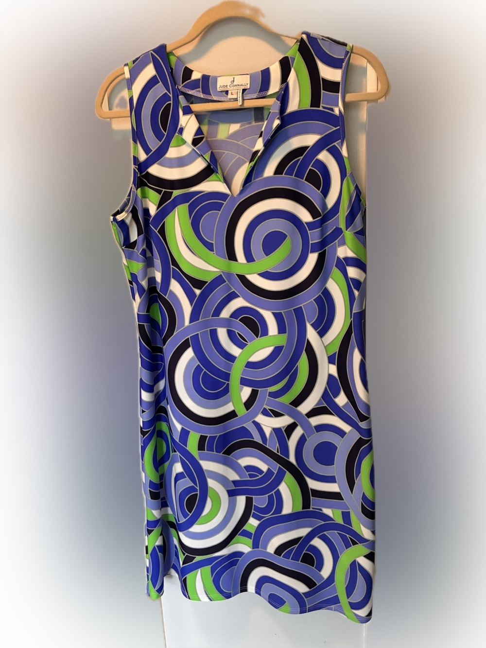 Jude Connally Blue, Green & White Geometric sheath Dress